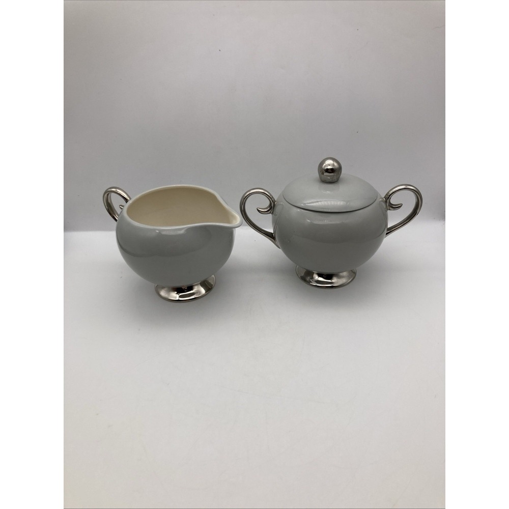 Flintridge China Miramar Gray with Platinum Sugar Bowl w/Lid & Creamer